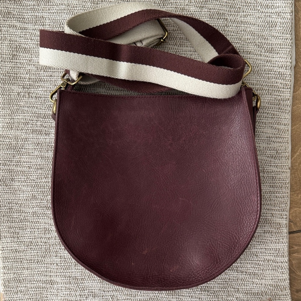 Madewell Burgundy Leather Saddle Crossbody with Cream-and-Burgundy Striped Strap